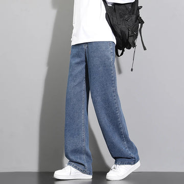 Riolio New Korean Men's Casual Long Jeans Classic Man Straight Denim Wide-leg Pants Solid Color Light Blue Grey Black